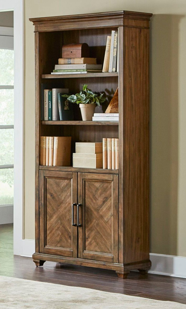 Traditional Wood Bookcase With Doors Fully Assembled Brown