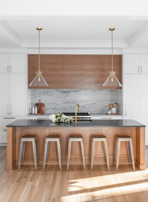 Marble Slab Backsplash and Oversized Wood Range Hood Ideas for a Sleek Kitchen Design
