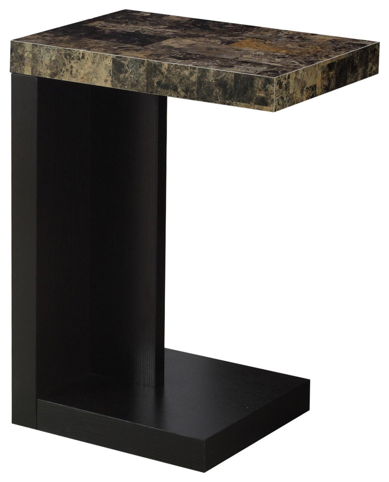 24" Black And Brown Faux Marble End Table With Shelf Transitional