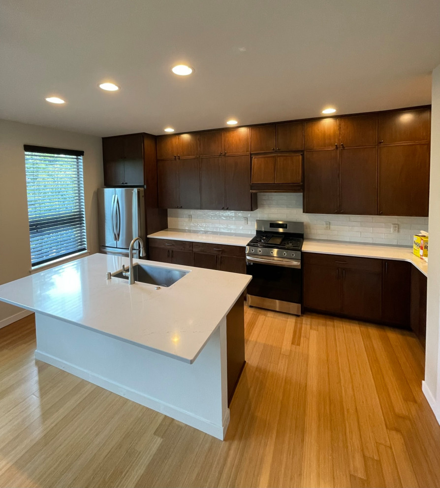 Dark Wood Laminate Cabinet Reface With Full Ceiling-Height Extension