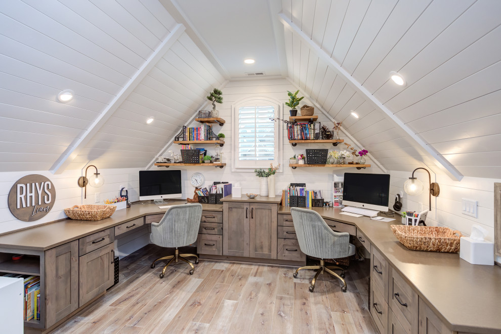 Example of a large arts and crafts gender-neutral medium tone wood floor, gray floor and shiplap wall kids' study room design in Raleigh with white walls