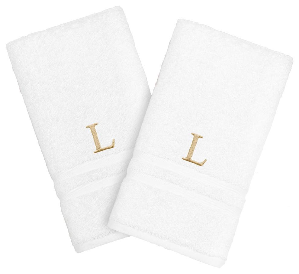 Denzi Hand Towels With Single Letter Gold Block Monogram, Set of 2, L
