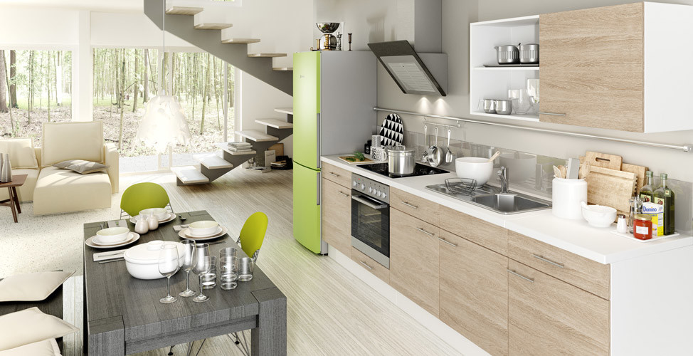 Inspiration for a mid-sized modern single-wall kitchen in Berlin with an integrated sink and coloured appliances.