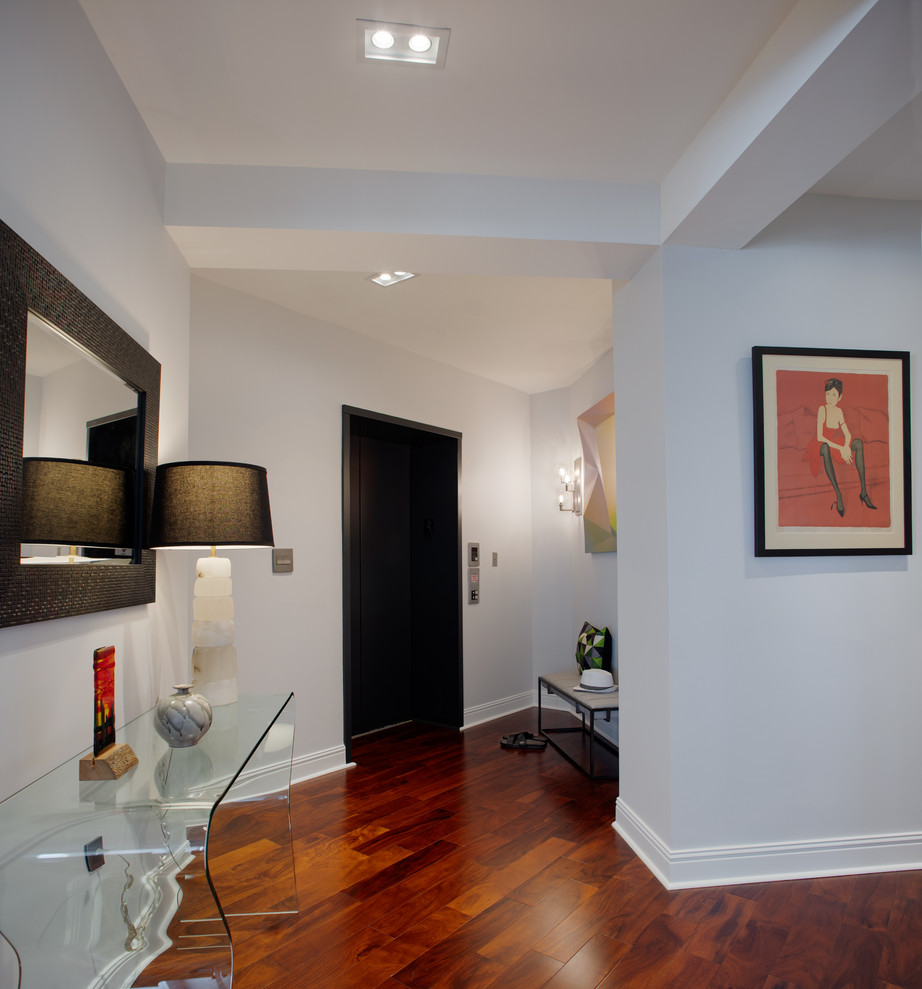 This is an example of a large modern foyer in Other with grey walls, dark hardwood floors, a sliding front door, a gray front door and red floor.