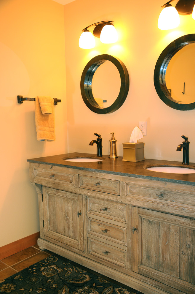 Inspiration for a small rustic master travertine floor freestanding bathtub remodel with wood countertops and green walls