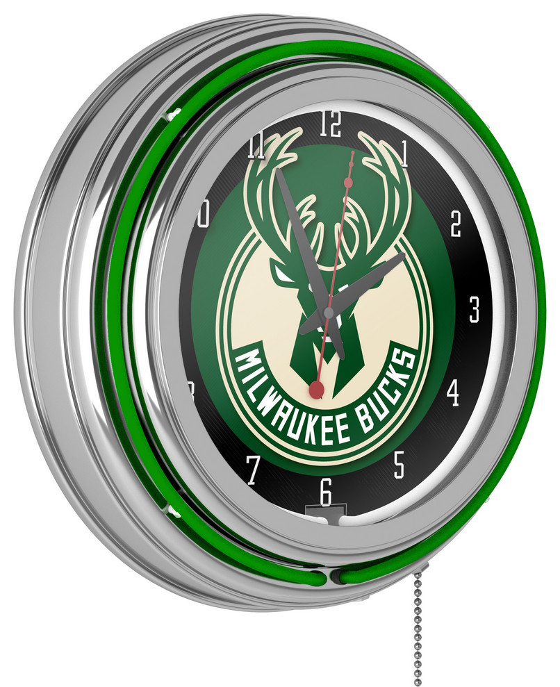 Milwaukee Bucks NBA Chrome Double Ring Neon Clock