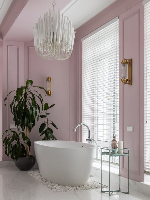 Bathroom Design with Pink Walls and Unique Chandelier