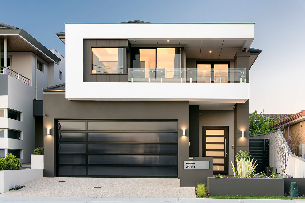 Inspiration for a contemporary two-storey stucco multi-coloured house exterior in Perth with a flat roof.