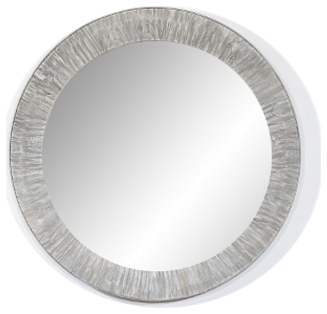 35" Rustic Solid Fir Mirror, Gray, Round Transitional Bathroom