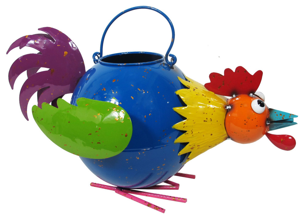 Colorful Enameled Metal Watering Can Rooster Contemporary