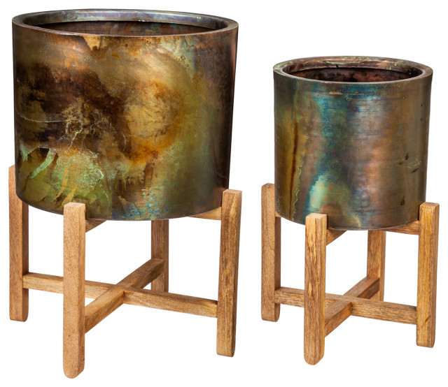 Evergreen Metallic Patina Planter With Wood Stand Set of 2