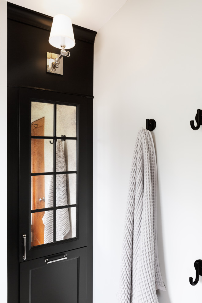 Inspiration for a transitional master mosaic tile floor, multicolored floor and double-sink alcove shower remodel in Seattle with raised-panel cabinets, medium tone wood cabinets, an undermount sink, marble countertops, gray countertops and a built-in vanity