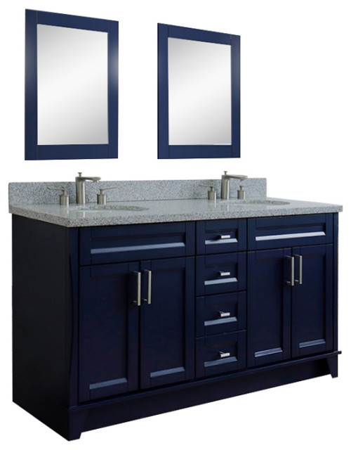 61" Double Sink Vanity, Blue Finish And Gray Granite And Oval Sink ...