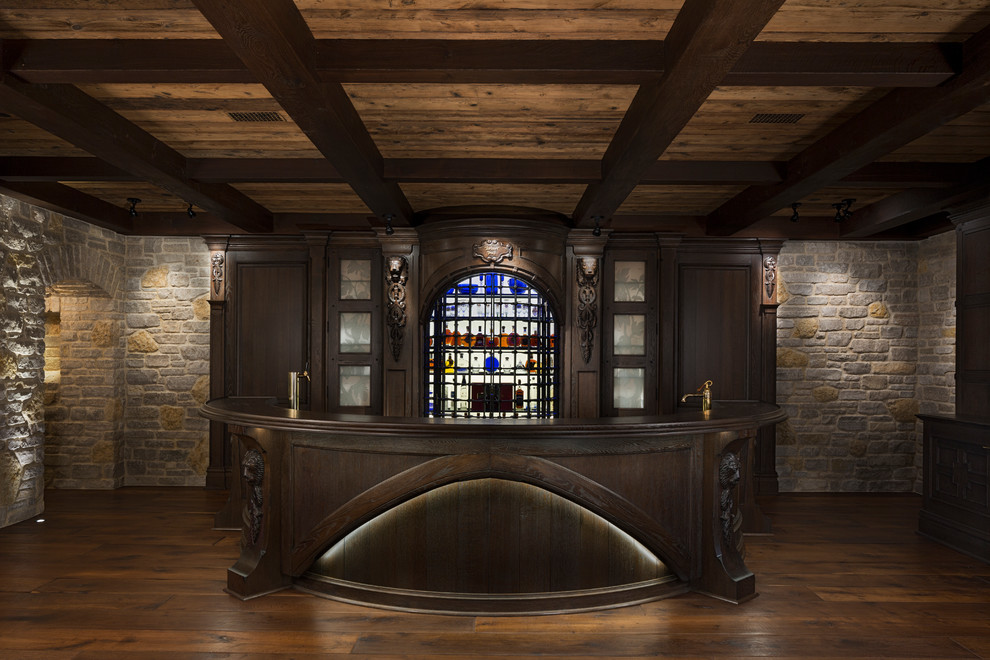 Large seated home bar in Detroit with an integrated sink, brown cabinets, wood benchtops, brown splashback, timber splashback and brown benchtop.