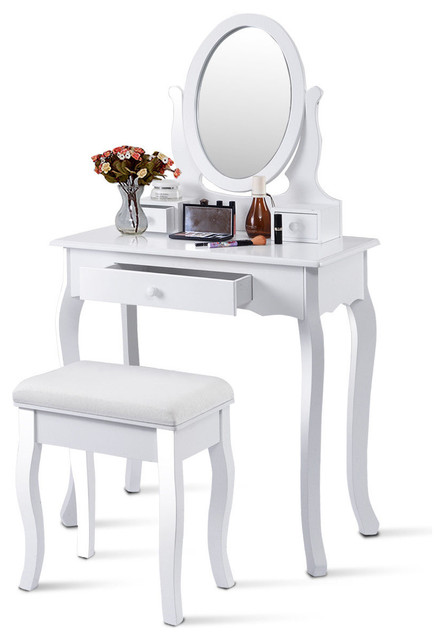 Costway White Vanity Table Jewelry, Makeup Vanity Table With Mirror And Bench