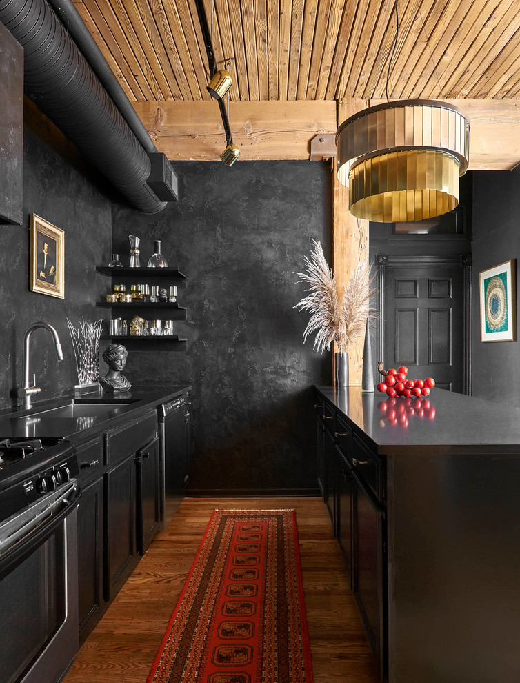 Eclectic galley kitchen in Chicago with an undermount sink, shaker cabinets, black cabinets, stainless steel appliances, medium hardwood floors, a peninsula, brown floor and black benchtop.