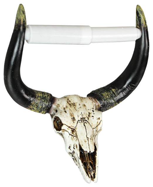 Rustic Faux Steer Skull Decorative Toilet Paper Holder Resin Bathroom Home Deco, 7.75 Inch