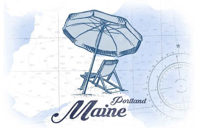 Portland Maine Beach Chair And Umbrella Coastal Icon Print 16 X24