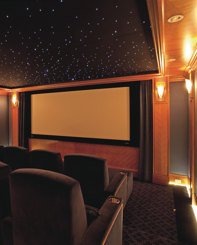Design ideas for a traditional enclosed home theatre in San Francisco with carpet.