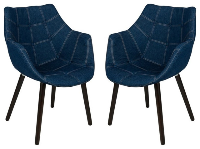 LeisureMod Mid-Century Milburn Tufted Denim Accent Arm Chair in Blue Set of 2