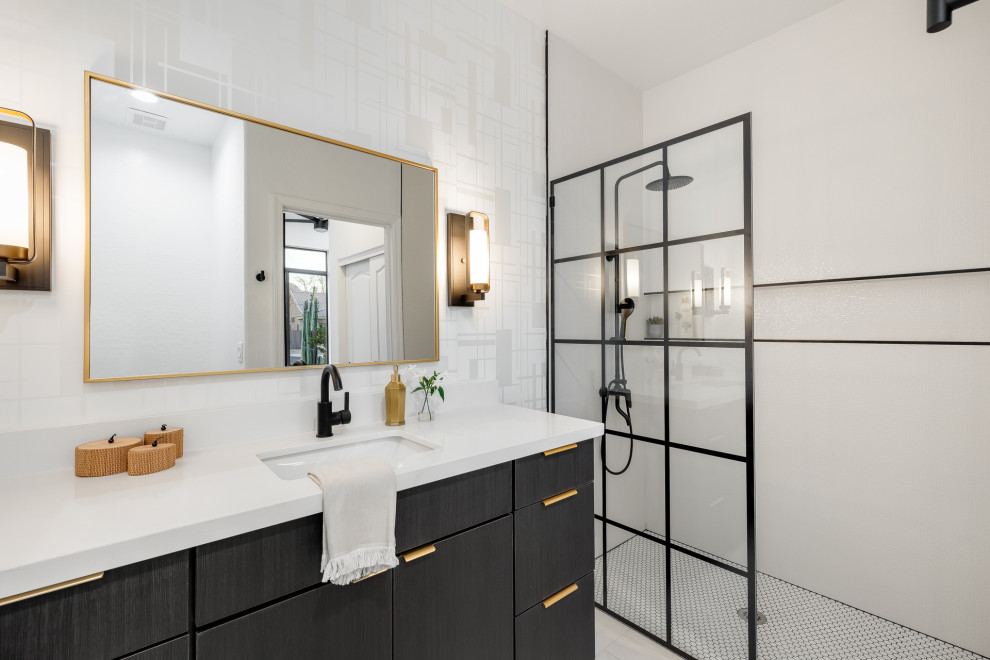 Example of a mid-sized transitional kids' porcelain tile porcelain tile and single-sink bathroom design in Phoenix with flat-panel cabinets, dark wood cabinets, an undermount sink, quartz countertops, white countertops and a freestanding vanity