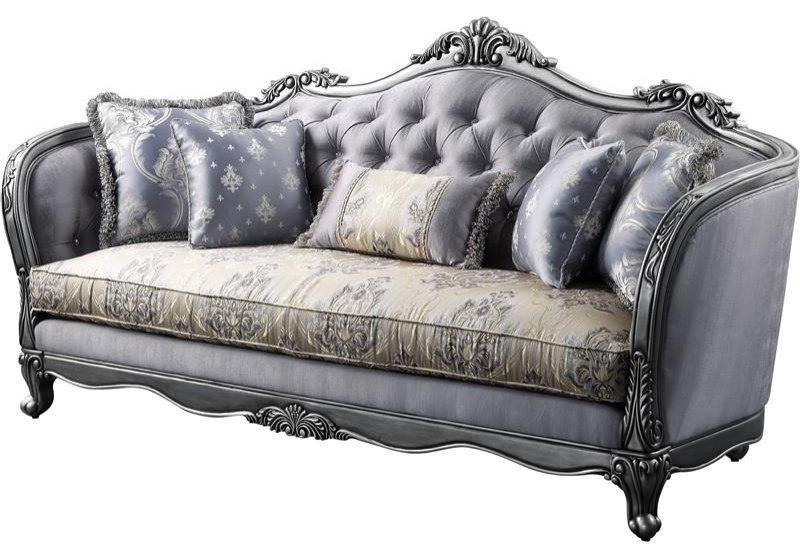 ACME Ariadne Fabric Tufted Sofa with 5 Pillows in Platinum Gray