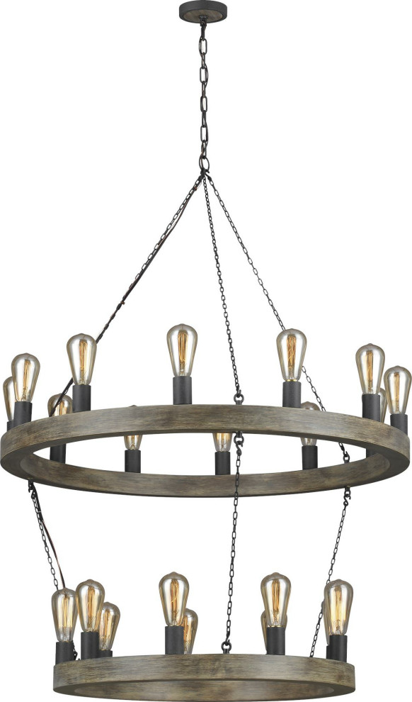 Avenir Two Tier Chandelier Weathered Oak Wood, Antique Forged Iron
