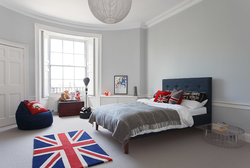 Photo of a contemporary kids' room in Edinburgh with grey walls, carpet and grey floor.