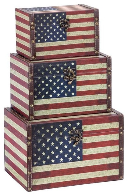Wood Leather Box with Us Flag Colors - Set of 3