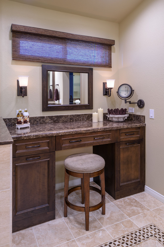 Inspiration for a mid-sized traditional master bathroom in Los Angeles with flat-panel cabinets, an alcove shower, a one-piece toilet, beige walls, travertine floors, an undermount sink, engineered quartz benchtops, beige floor, a hinged shower door, brown benchtops and dark wood cabinets.