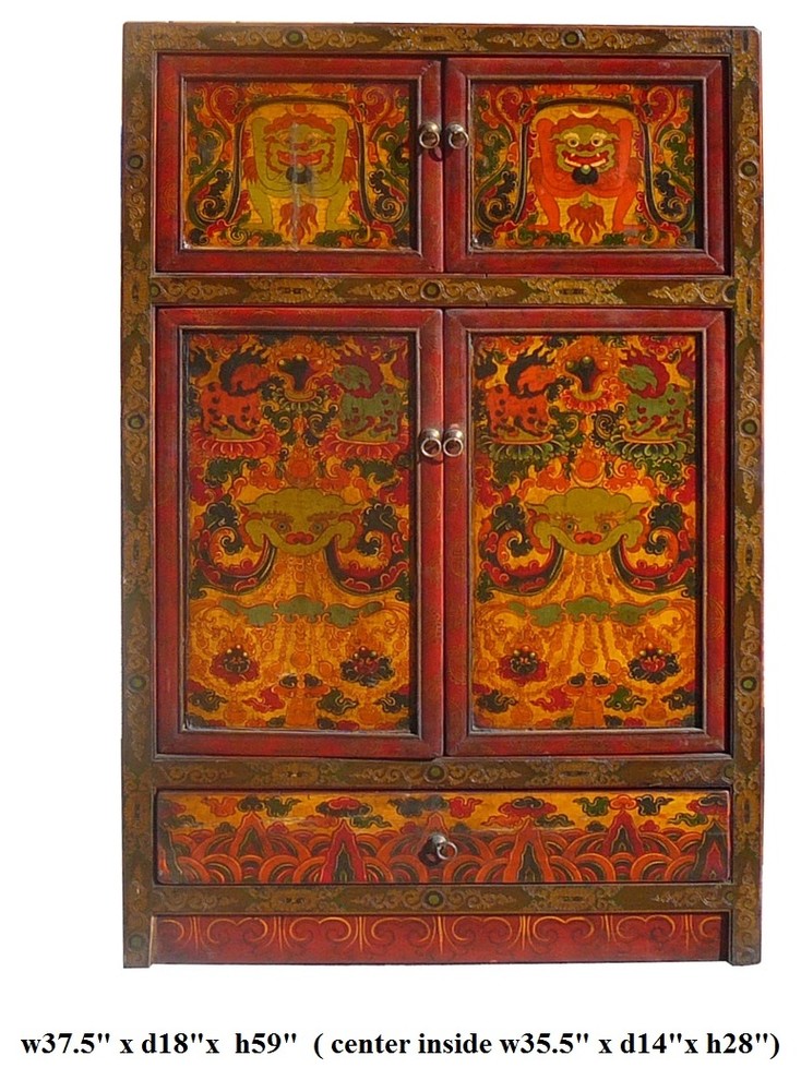 Chinese Tibetan Myth Animal Grapic Armorie Accent TV Cabinet