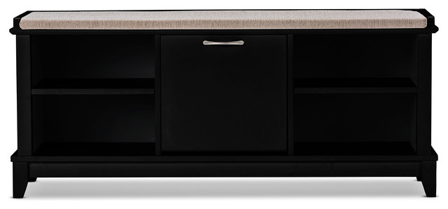 Swiss Modern Wooden Shoe Storage Seating Bench With Taupe Fabric Swiss Modern Wooden Shoe Storage Seating Bench With Taupe Fabric Cushion Dark B