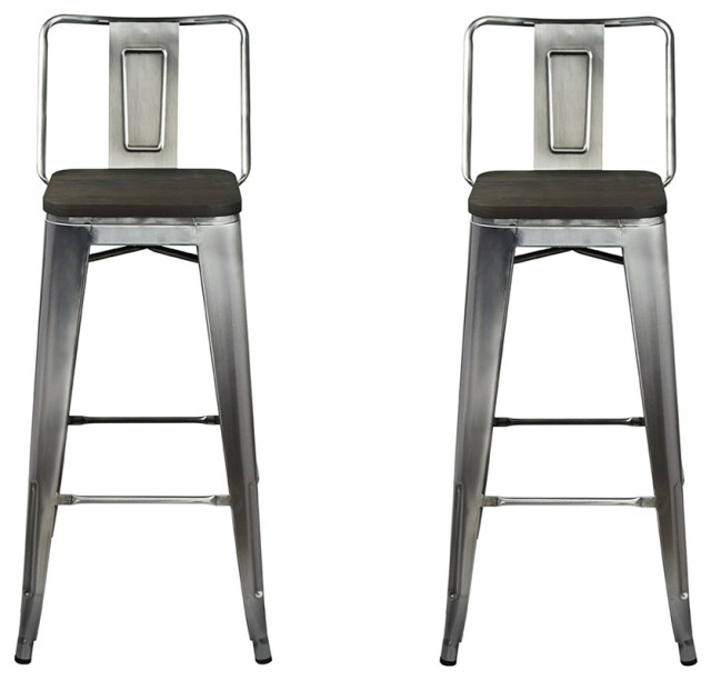 Metal Gunmetal Bar Stools With Middle Back Dark Wooden Seat, Set of 2
