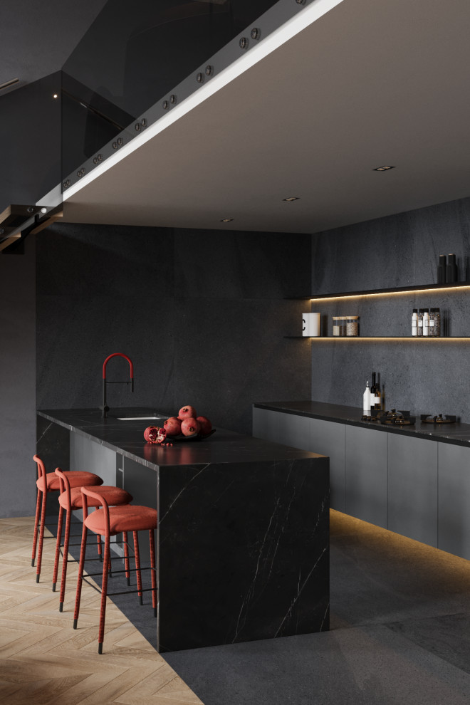 Двухуровневая квартира в тёмных оттенках с яркими акцентами