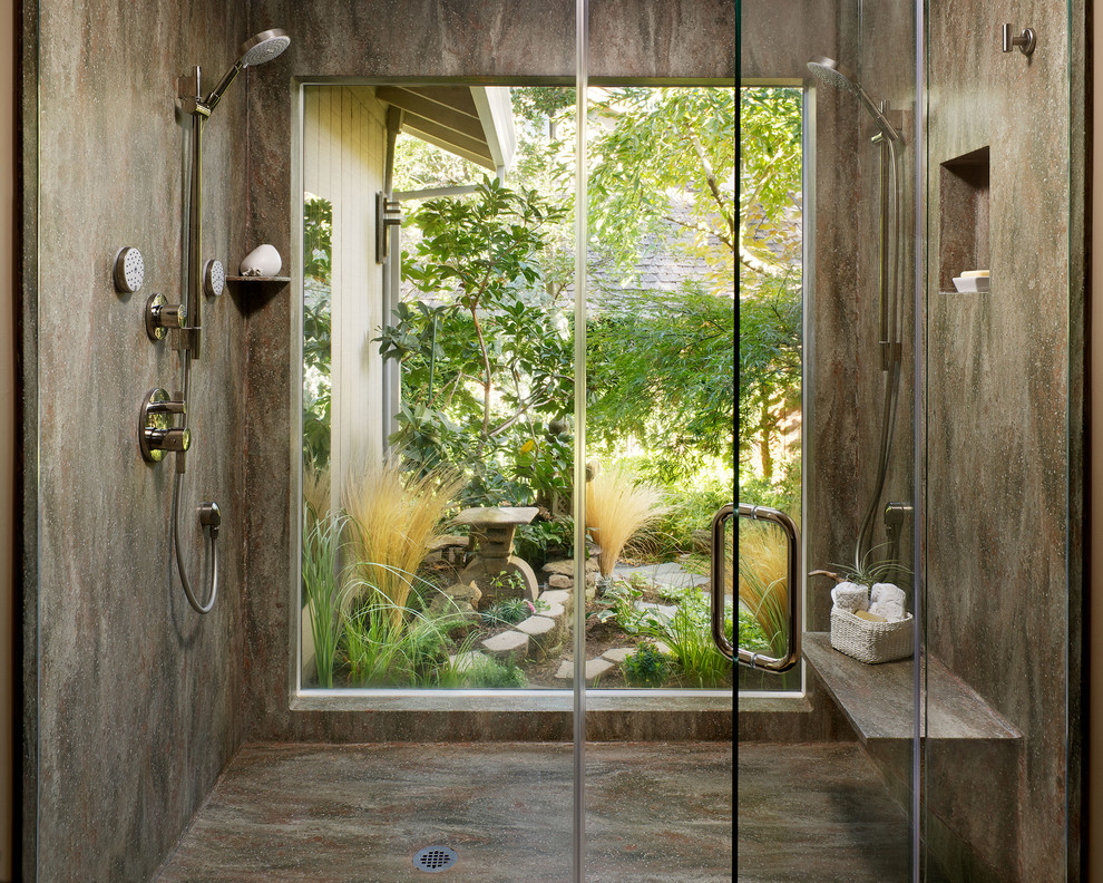 This is an example of a contemporary bathroom in Sacramento with a double shower.