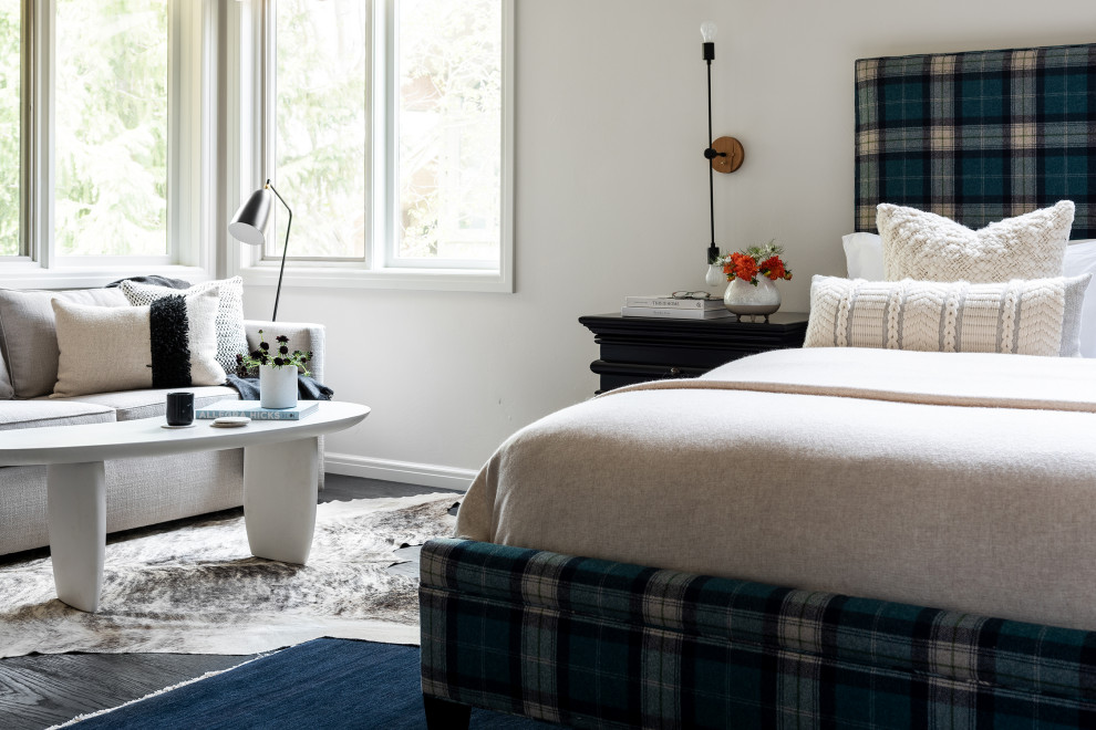 Bedroom - transitional dark wood floor and black floor bedroom idea with white walls