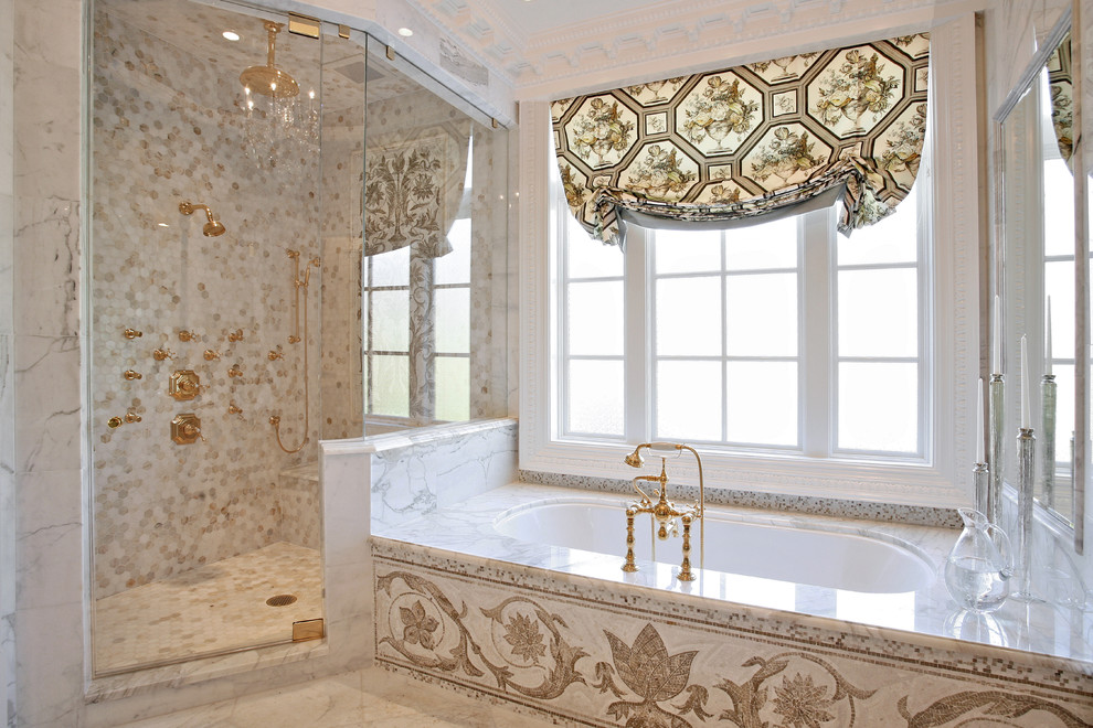 Photo of a traditional bathroom in Atlanta with an undermount tub, a corner shower, multi-coloured tile and mosaic tile.