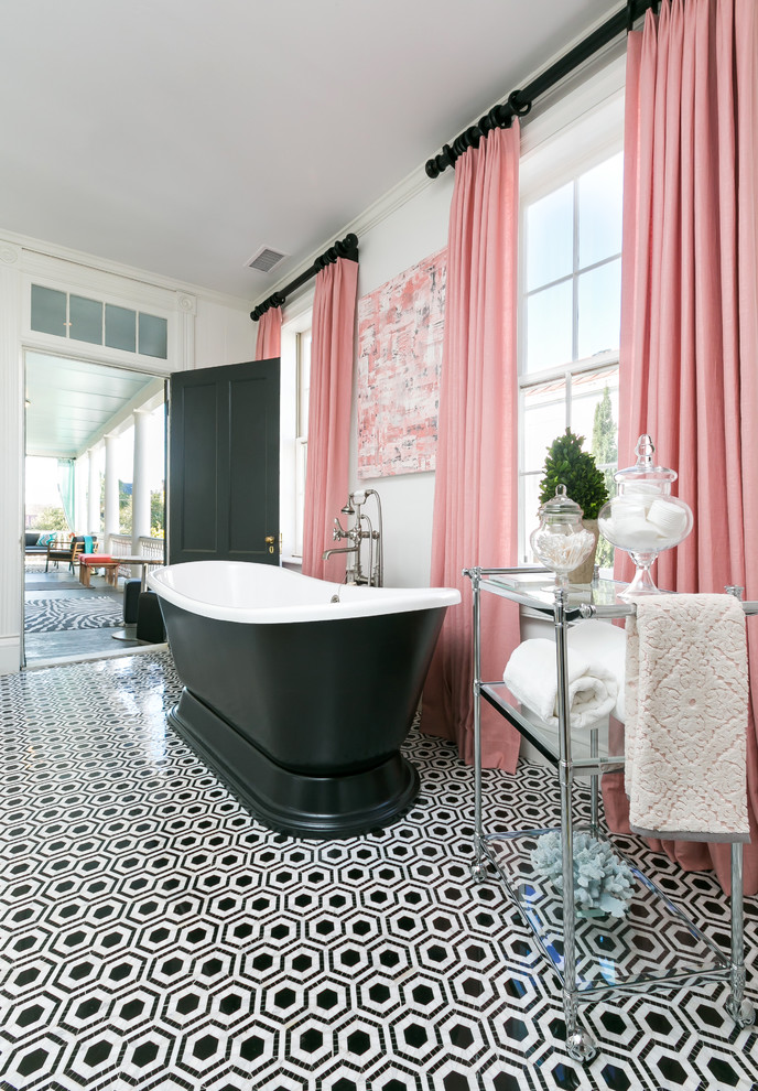 Inspiration for a large traditional master bathroom in Charleston with shaker cabinets, grey cabinets, a freestanding tub, black and white tile, mosaic tile, white walls, marble floors and an undermount sink.