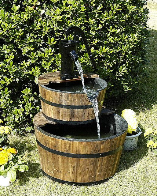 Water Pump Fountain Barrel Electric Tap Patio Wood Outdoor Garden 