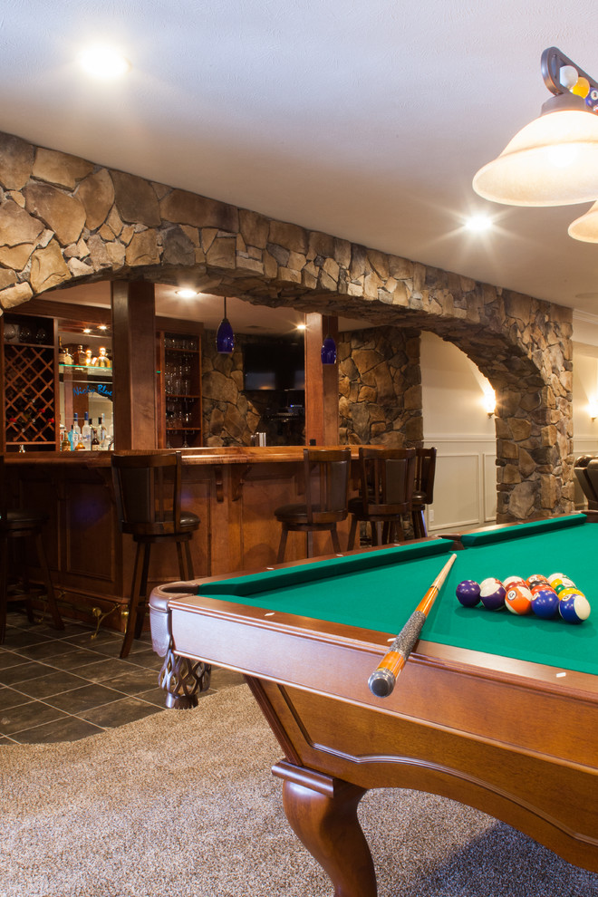 Inspiration for a large eclectic walk-out porcelain tile basement remodel with gray walls and no fireplace