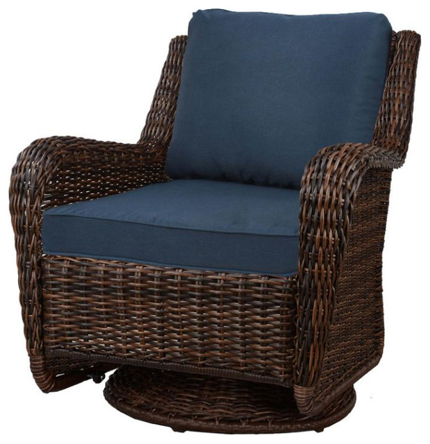 Brown Wicker Swivel Outdoor Rocking Chair With Blue Cushions Brown Wicker Swivel Outdoor Rocking