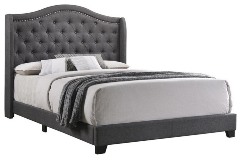 Fabric Upholstered Demi Wing Eastern King Bed With Camelback Headboard