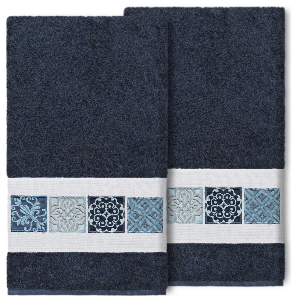 100% Turkish Cotton Vivian 2-Piece Embellished Bath Towel Set, Midnight Blue
