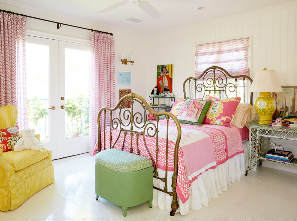 Inspiration for a mid-sized shabby-chic style painted wood floor bedroom remodel in Los Angeles with white walls