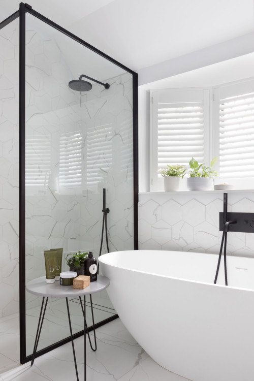 Clean Lines with a Marble Hexagon Tile Bathroom
