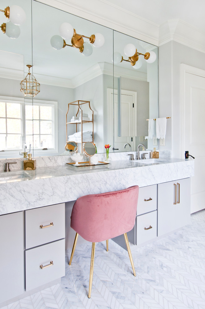Inspiration for a mid-sized contemporary master bathroom in Nashville with flat-panel cabinets, grey cabinets, a freestanding tub, an alcove shower, white tile, subway tile, grey walls, marble floors, an undermount sink, marble benchtops, multi-coloured floor, a hinged shower door and multi-coloured benchtops.