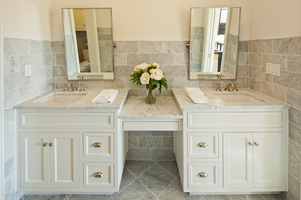 Inspiration for a transitional bathroom in Austin with white cabinets.
