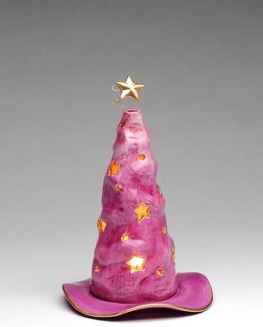 8.5 Inch Purple Witch Hat with Stars Tealight Candle Holder