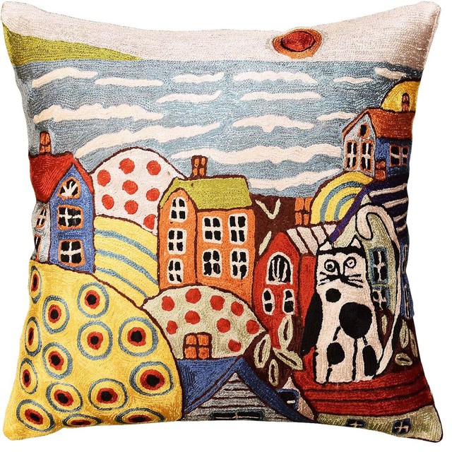 Silk Cushion Cover from Kashmir Abstract Cat Family Design 18" x 18".