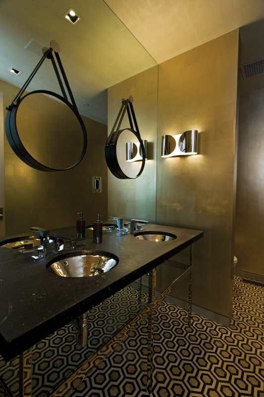 Mid-sized contemporary powder room in Seattle with an undermount sink, a wall-mount toilet, black tile, multi-coloured walls and ceramic floors.
